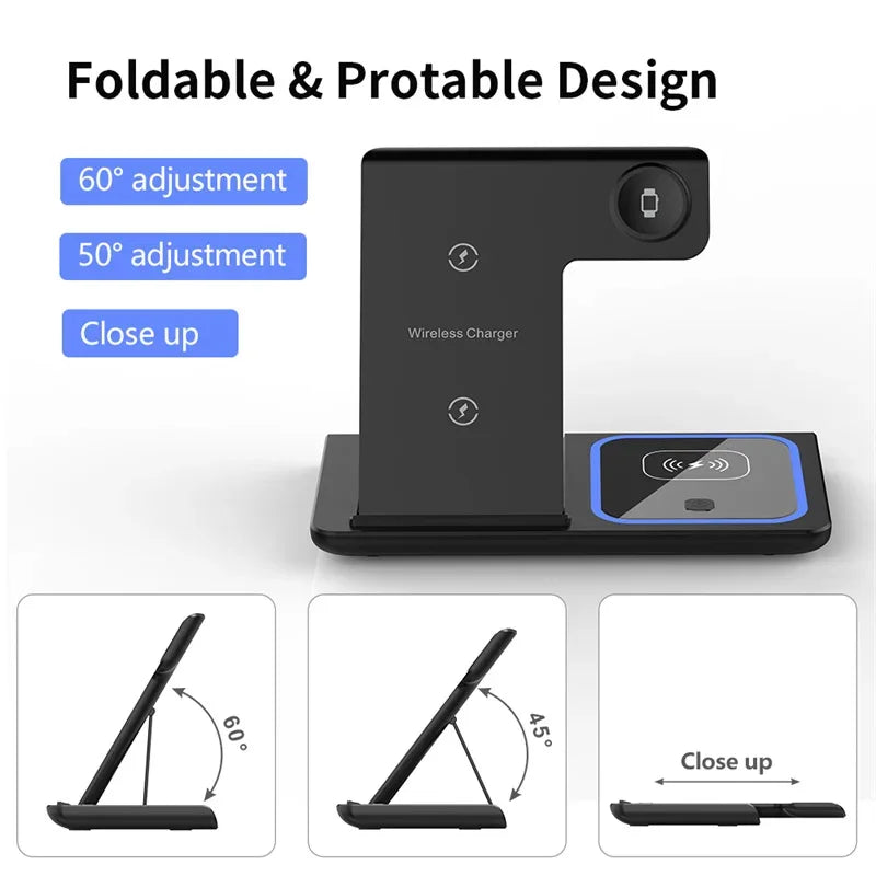 3-in-1 Wireless Charger Dock for iPhone 15-11, Apple Watch & AirPods - 15W Fast Charging