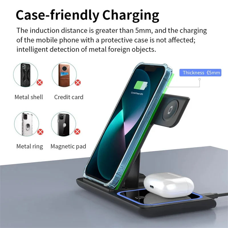 3-in-1 Wireless Charger Dock for iPhone 15-11, Apple Watch & AirPods - 15W Fast Charging