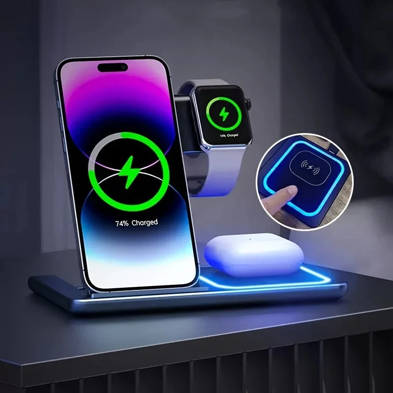 3-in-1 Wireless Charger Dock for iPhone 15-11, Apple Watch & AirPods - 15W Fast Charging