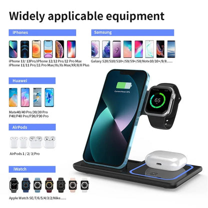 3-in-1 Wireless Charger Dock for iPhone 15-11, Apple Watch & AirPods - 15W Fast Charging