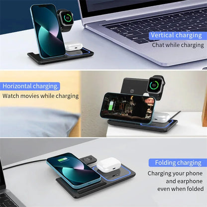 3-in-1 Wireless Charger Dock for iPhone 15-11, Apple Watch & AirPods - 15W Fast Charging